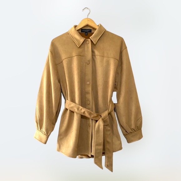 Laundry by Shelli Segal sz L Tan Faux Suede Jacket with Snap Closure Tie Waist - Picture 1 of 14